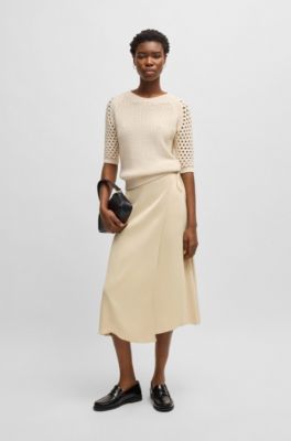 Wrap-front midi skirt in satin, Light Beige