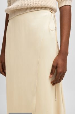 Wrap-front midi skirt in satin, Light Beige