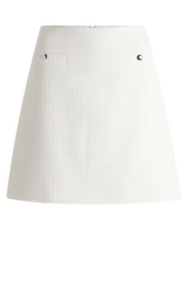 Pocket-detail mini skirt in cotton-blend boucl&eacute;, White Patterned