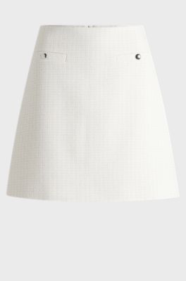 Pocket-detail mini skirt in cotton-blend boucl&eacute;, White Patterned