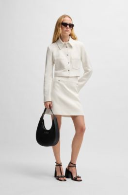 Pocket-detail mini skirt in cotton-blend boucl&eacute;, White Patterned