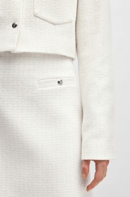 Pocket-detail mini skirt in cotton-blend boucl&eacute;, White Patterned