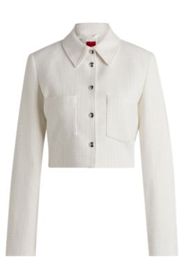 Regular-fit cropped jacket in cotton-blend boucl&eacute;, White
