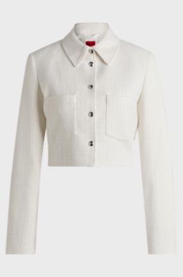Regular-fit cropped jacket in cotton-blend boucl&eacute;, White