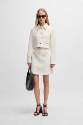 Regular-fit cropped jacket in cotton-blend boucl&eacute;, White