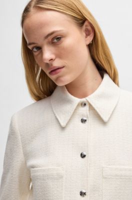 Regular-fit cropped jacket in cotton-blend boucl&eacute;, White