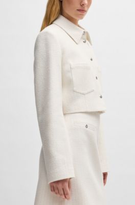 Regular-fit cropped jacket in cotton-blend boucl&eacute;, White