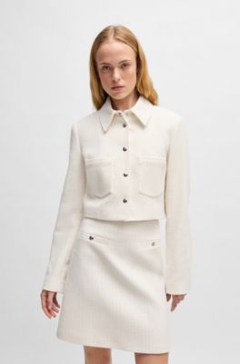 Regular-fit cropped jacket in cotton-blend boucl&eacute;, White