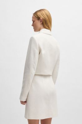 Regular-fit cropped jacket in cotton-blend boucl&eacute;, White