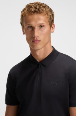 Structured-cotton polo shirt with zip neck, Dark Blue