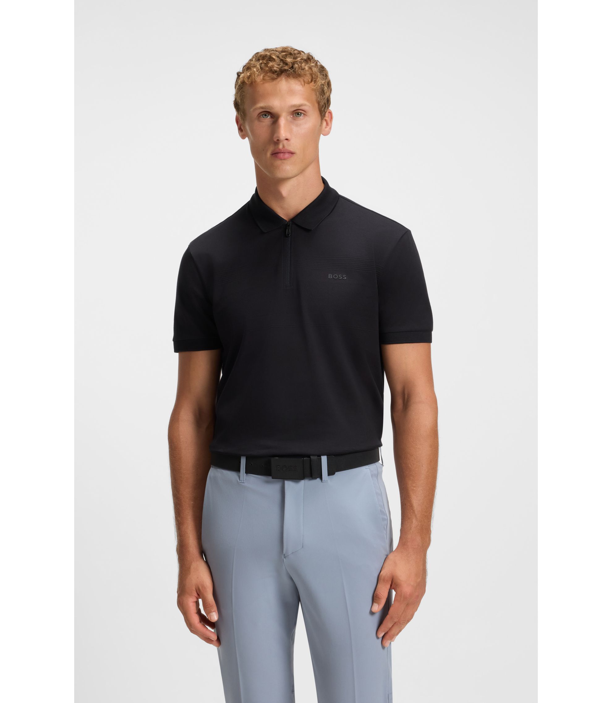 BOSS - Structured-cotton polo shirt with zip neck - Dark Blue