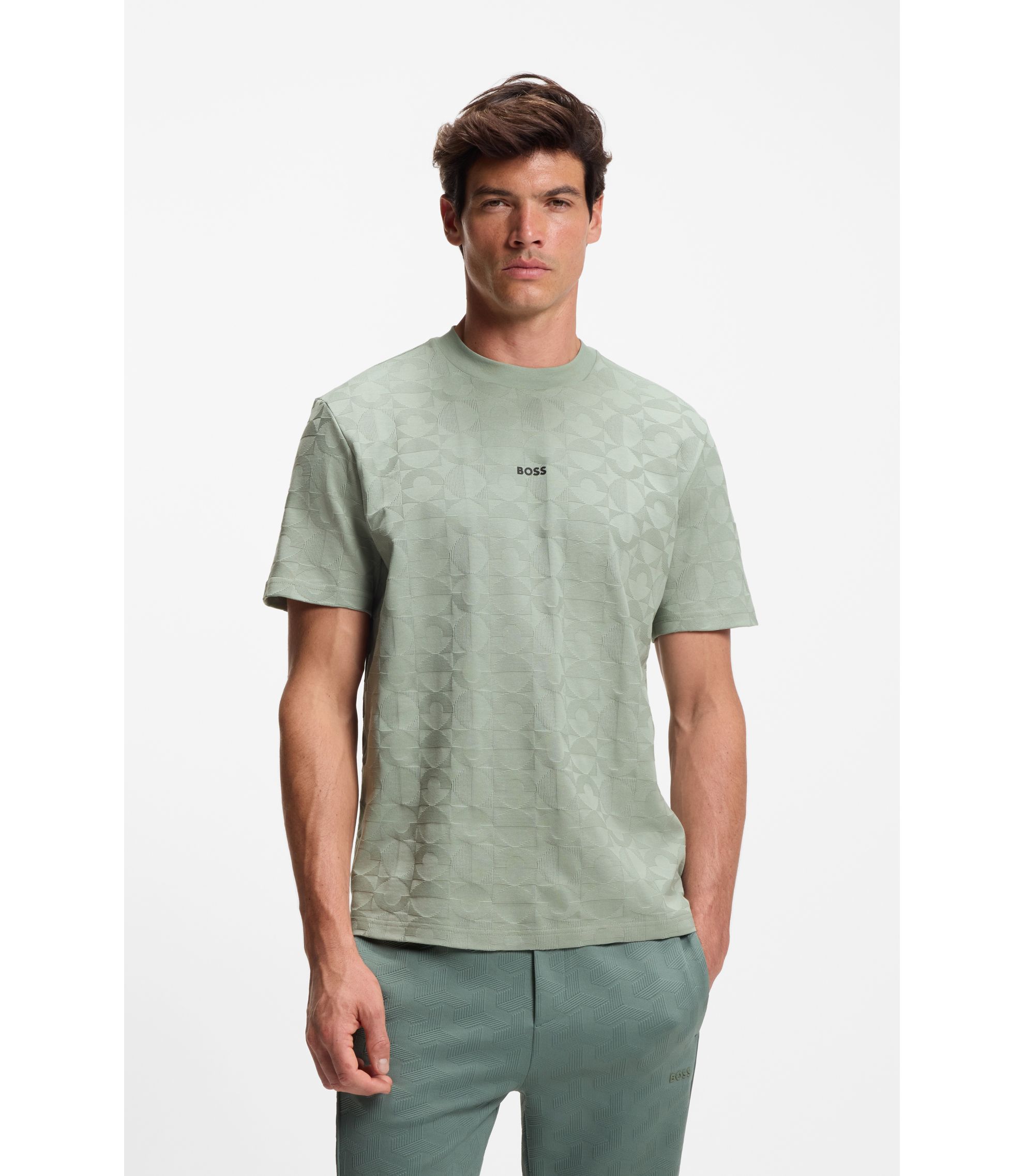 Tシャツ・カットソー BOSS Men T-shirt Green 50537488 302 BOSS - Relaxed-fit T-shirt in cotton with circle jacquard