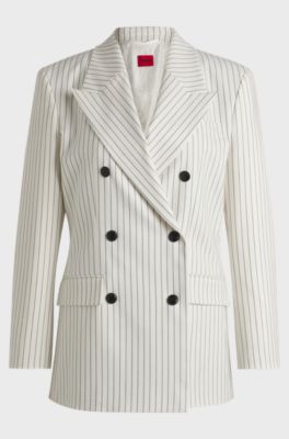 Oversized-fit double-breasted suit jacket with pinstripe, White Patterned