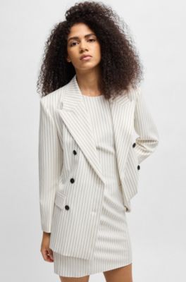 Oversized-fit double-breasted blazer met krijtstrepen, Wit met dessin