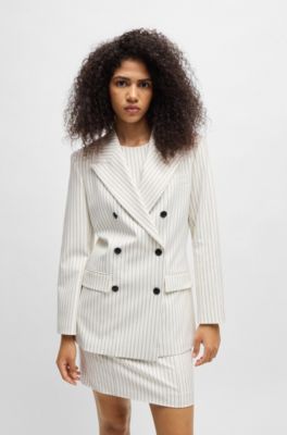 Oversized-fit double-breasted suit jacket with pinstripe, White Patterned