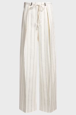 Loose-fit suit trousers in striped linen-blend boucl&eacute;, White Patterned