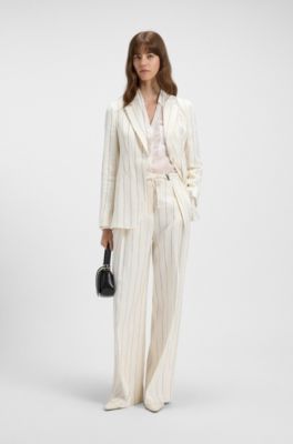 Loose-fit suit trousers in striped linen-blend boucl&eacute;, White Patterned