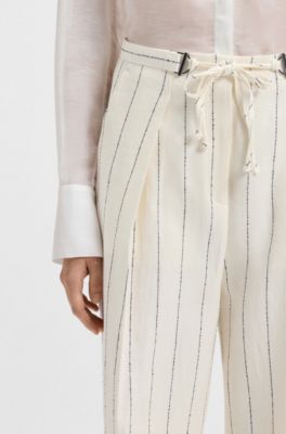Loose-fit suit trousers in striped linen-blend boucl&eacute;, White Patterned