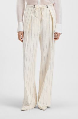 Loose-fit suit trousers in striped linen-blend boucl&eacute;, White Patterned