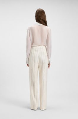 Loose-fit suit trousers in striped linen-blend boucl&eacute;, White Patterned