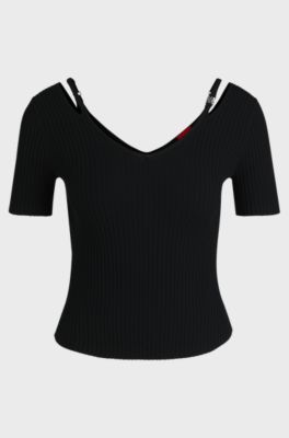 Top aus Rippstrick mit Cut-out-Details, Schwarz