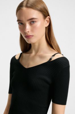 Top aus Rippstrick mit Cut-out-Details, Schwarz