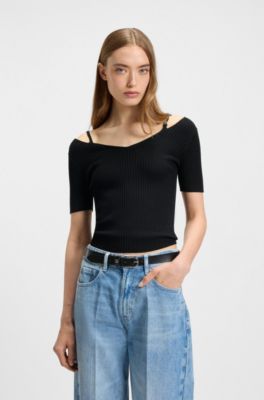 Top in maglia a coste con dettagli cut-out, Nero