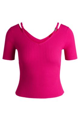 Ribbed-knit top with cutout details, Pink