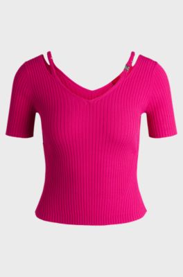Ribbed-knit top with cutout details, Pink