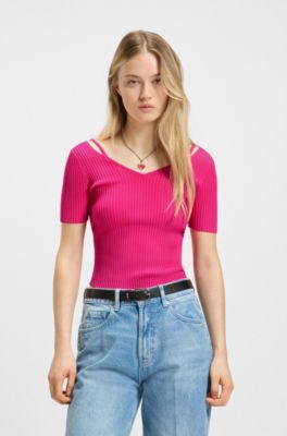 Ribbed-knit top with cutout details, Pink
