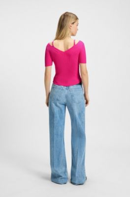 Ribbed-knit top with cutout details, Pink