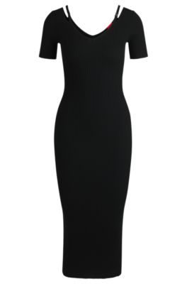 컷아웃 디테일 리브 니트 바디콘 미디 드레스, 블랙