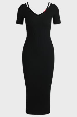 Robe mi-longue ajust&eacute;e en maille c&ocirc;tel&eacute;e &agrave; d&eacute;coupes, Noir