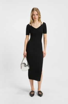 Ribbed-knit bodycon midi dress with cutout details, Black