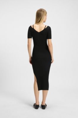 Ribbed-knit bodycon midi dress with cutout details, Black