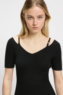 Ribbed-knit bodycon midi dress with cutout details, Black