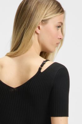 Ribbed-knit bodycon midi dress with cutout details, Black