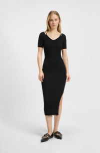 Ribbed-knit bodycon midi dress with cutout details, Black