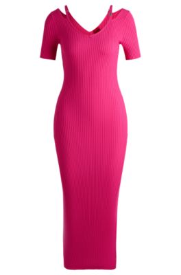 Ribbed-knit bodycon midi dress with cutout details, Pink