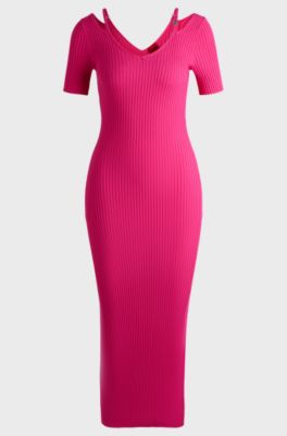 Ribbed-knit bodycon midi dress with cutout details, Pink