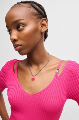 Ribbstickad, tight midikl&auml;nning med utsk&auml;rningar, Rosa