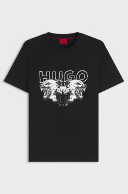 Cotton-jersey T-shirt with logo and animal graphic, Black