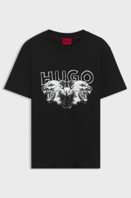 Cotton-jersey T-shirt with logo and animal graphic, Black
