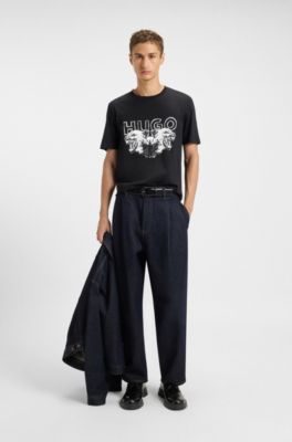 Cotton-jersey T-shirt with logo and animal graphic, Black