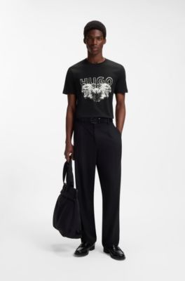 Cotton-jersey T-shirt with logo and animal graphic, Black