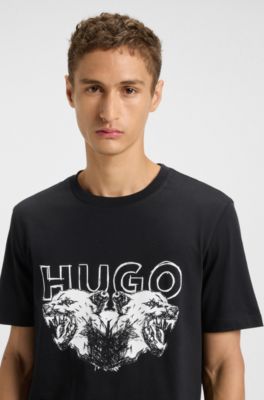 Cotton-jersey T-shirt with logo and animal graphic, Black