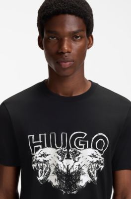Cotton-jersey T-shirt with logo and animal graphic, Black