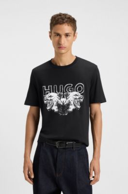 Cotton-jersey T-shirt with logo and animal graphic, Black