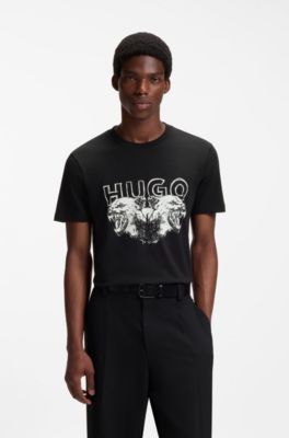 Cotton-jersey T-shirt with logo and animal graphic, Black