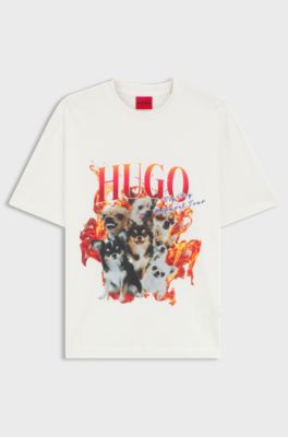Oversized-fit T-shirt in cotton with dog graphics, Natural